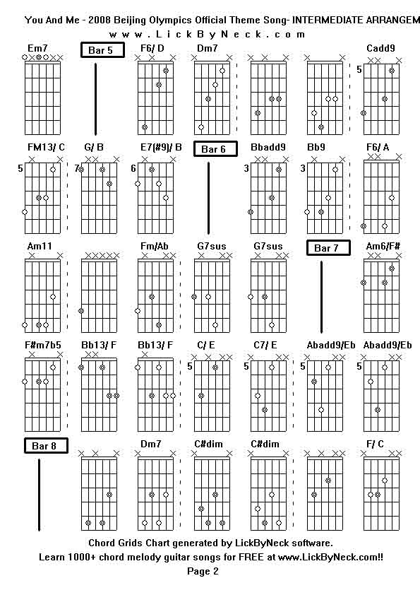 Chord Grids Chart of chord melody fingerstyle guitar song-You And Me - 2008 Beijing Olympics Official Theme Song- INTERMEDIATE ARRANGEMENT,generated by LickByNeck software.